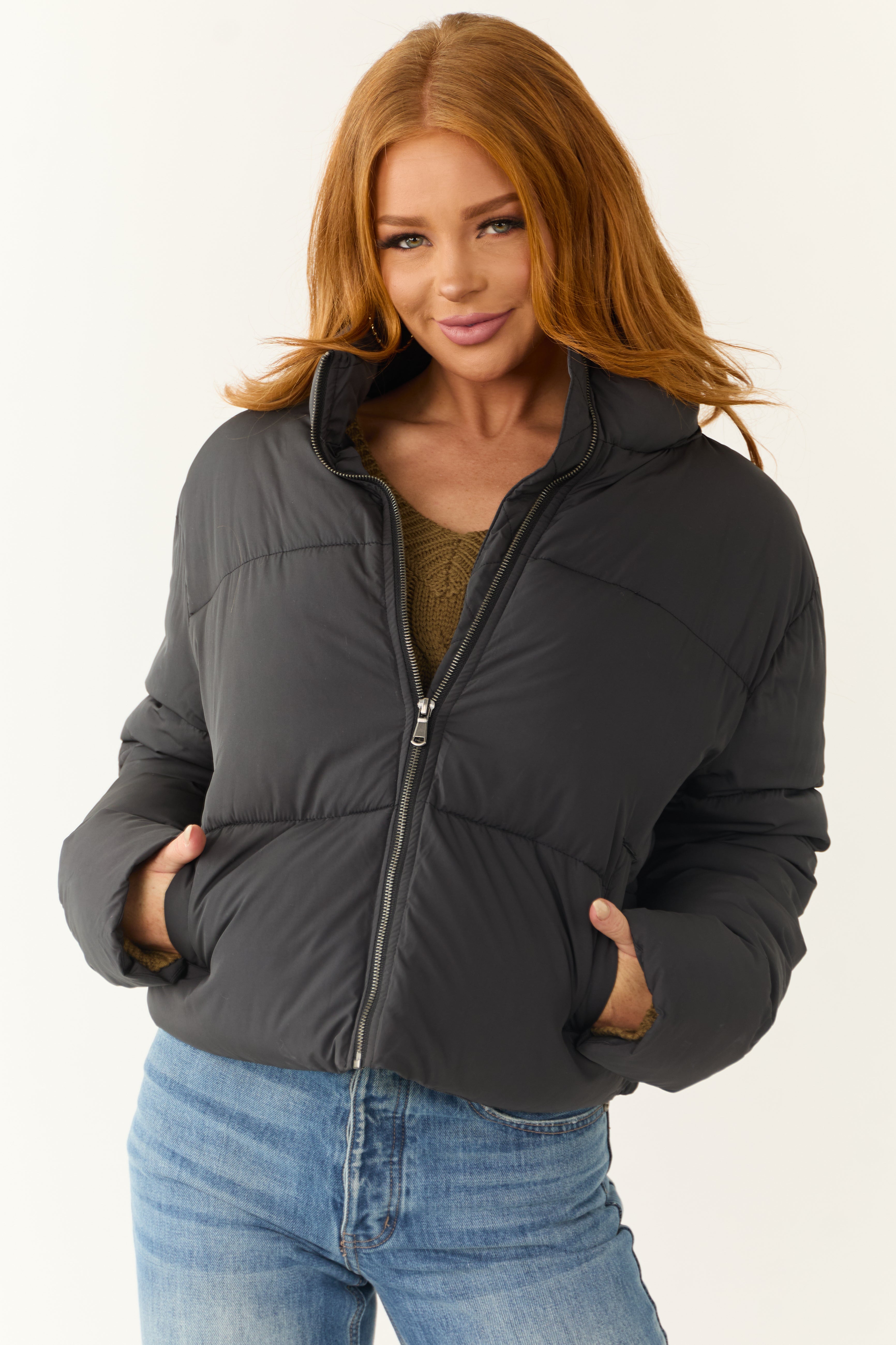 Black Zip Up Collared Quilted Puffer Jacket | Lime Lush Boutique