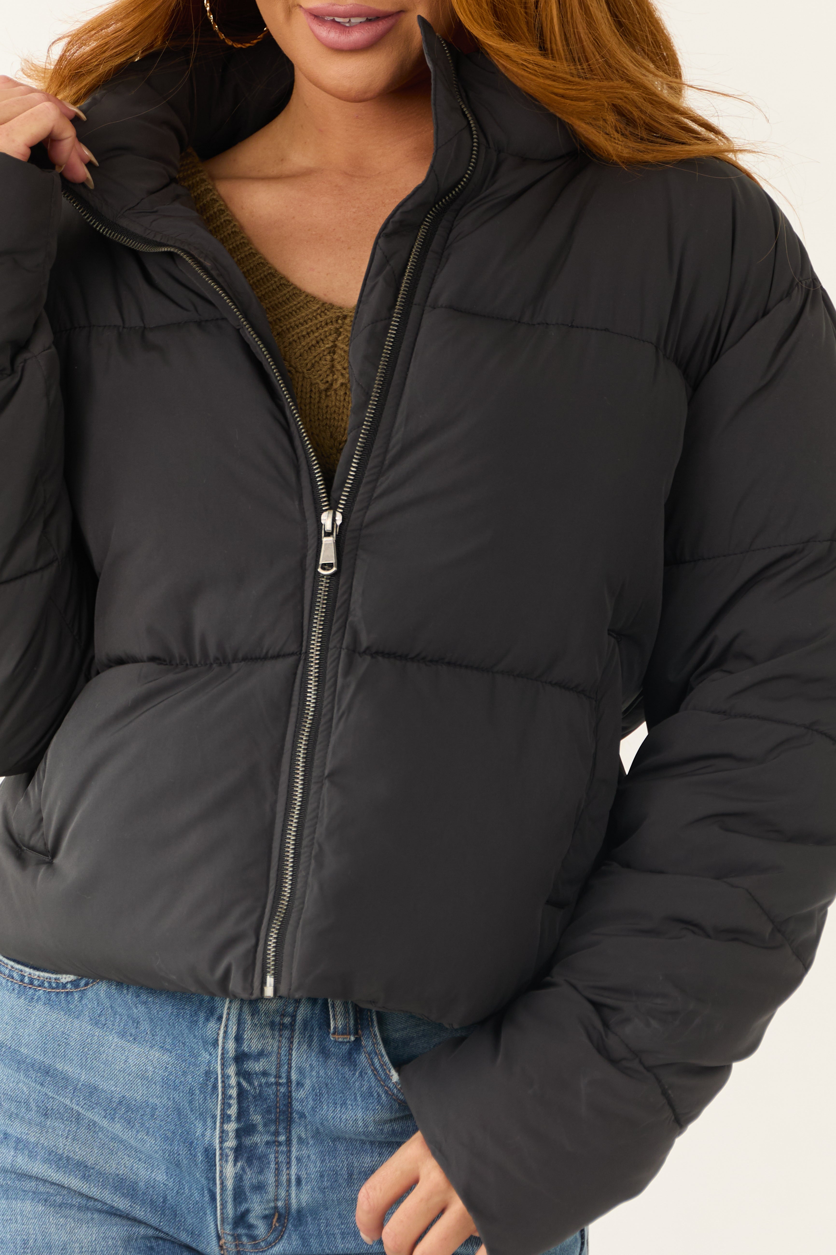 Black Zip Up Collared Quilted Puffer Jacket | Lime Lush Boutique