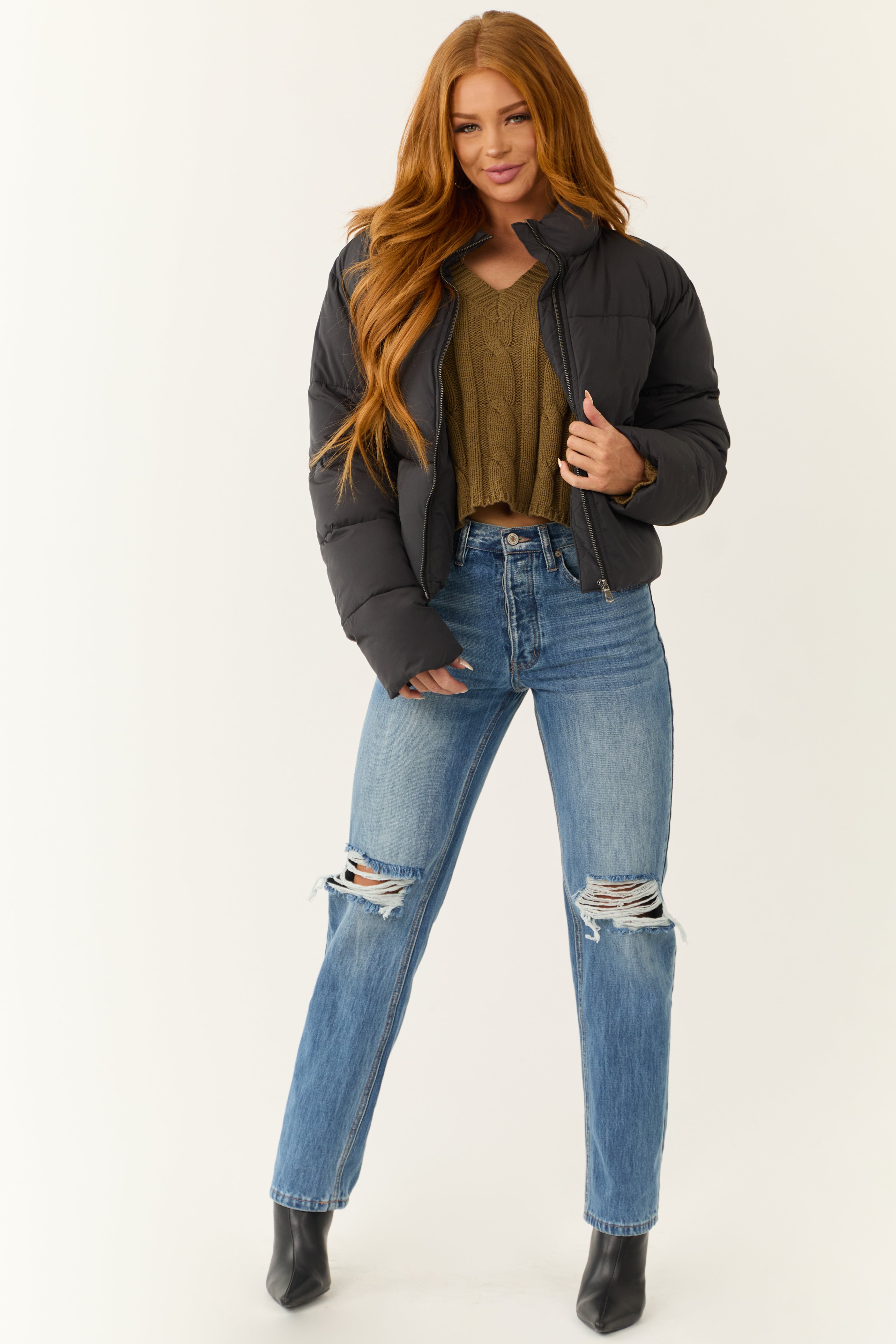 Black Zip Up Collared Quilted Puffer Jacket | Lime Lush Boutique