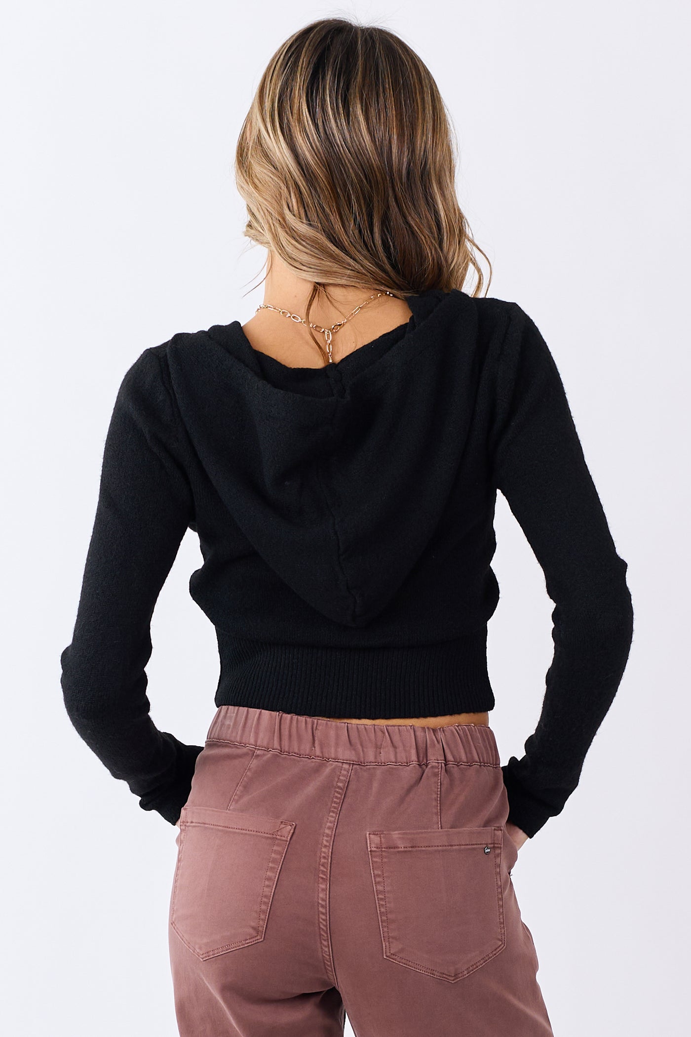 Black Zip Up Hooded Cropped Knit Jacket