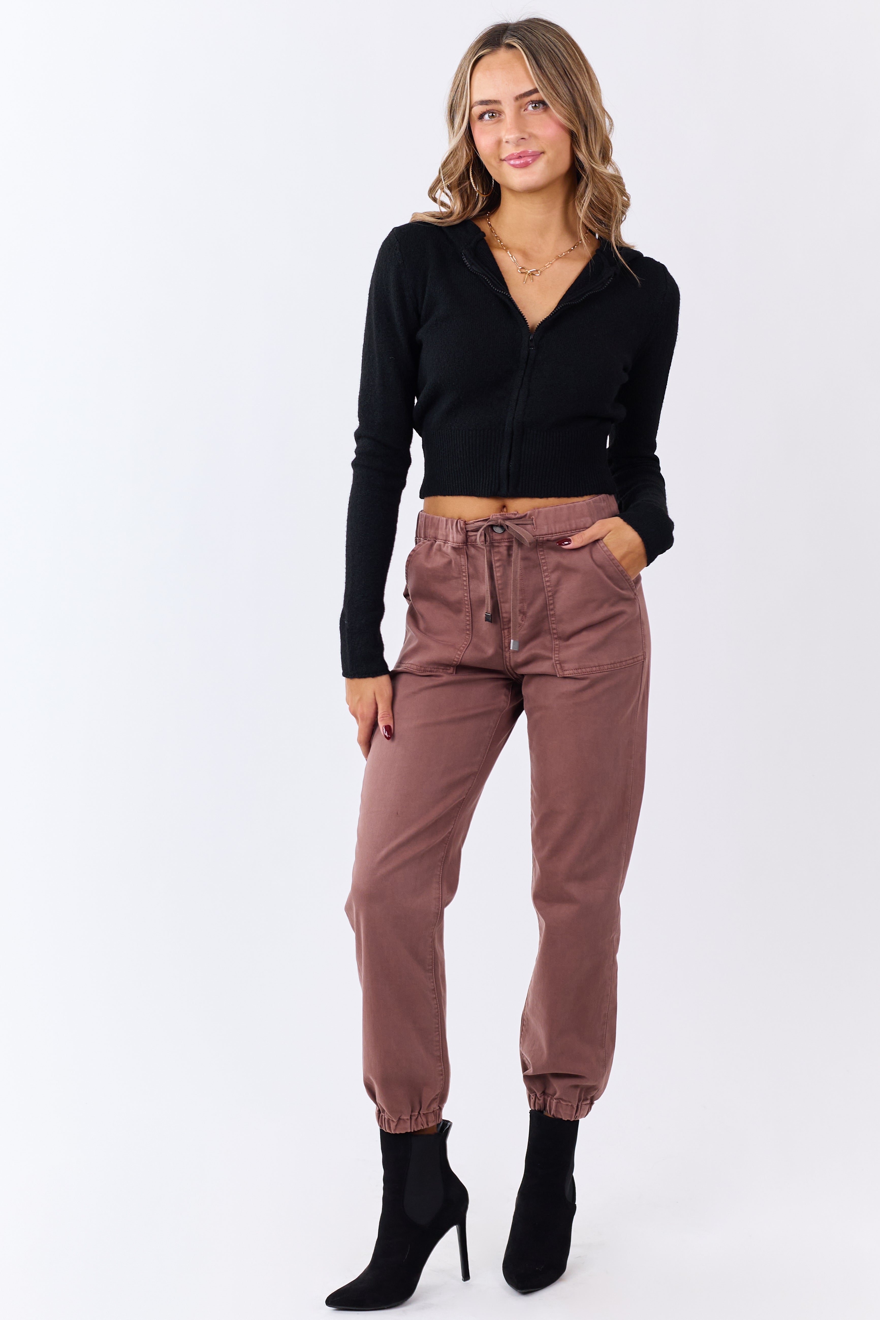 Black Zip Up Hooded Cropped Knit Jacket | Lime Lush Boutique