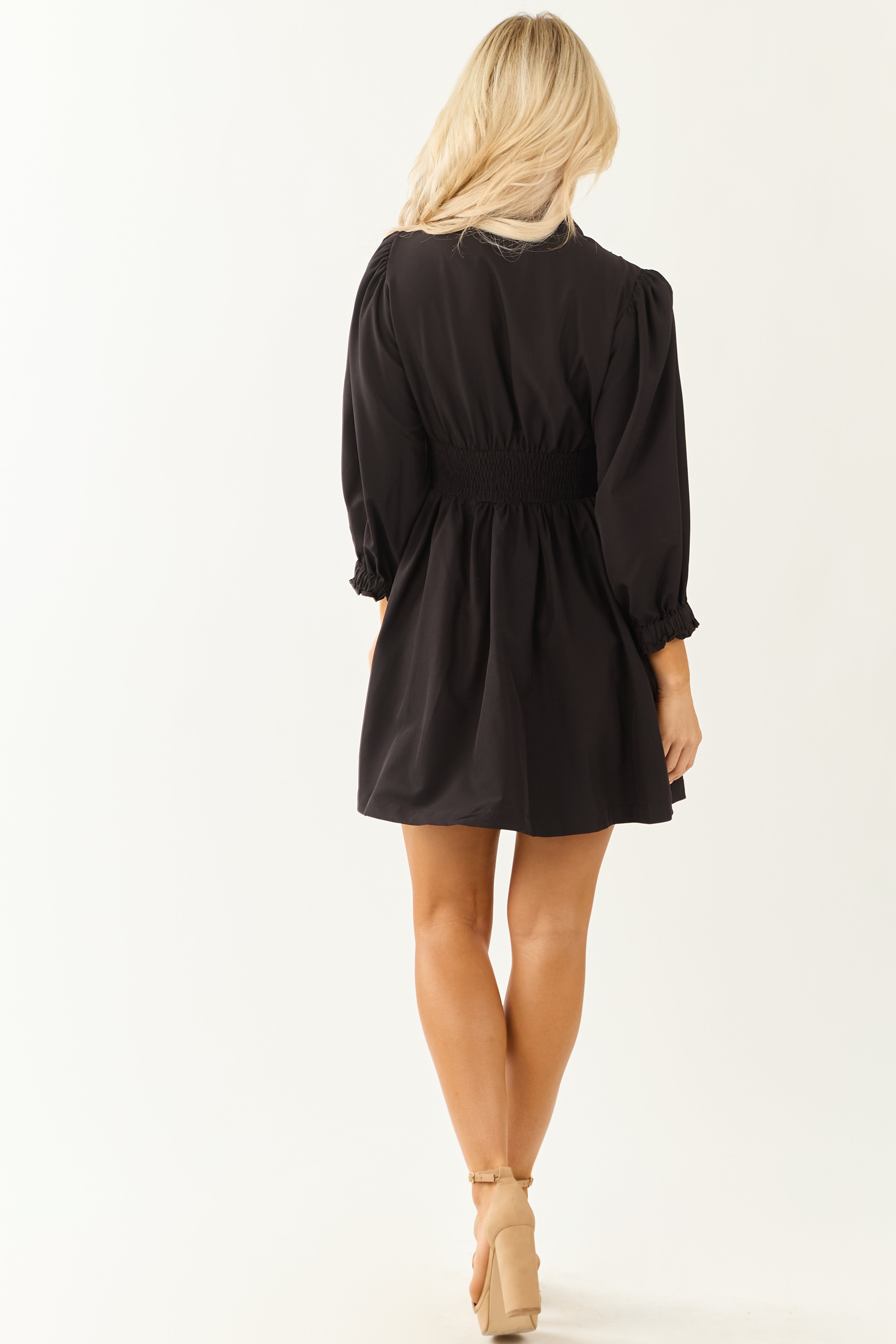 Black Zip Up Smocked Waist Puff Sleeve Mini Dress