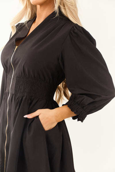 Black Zip Up Smocked Waist Puff Sleeve Mini Dress
