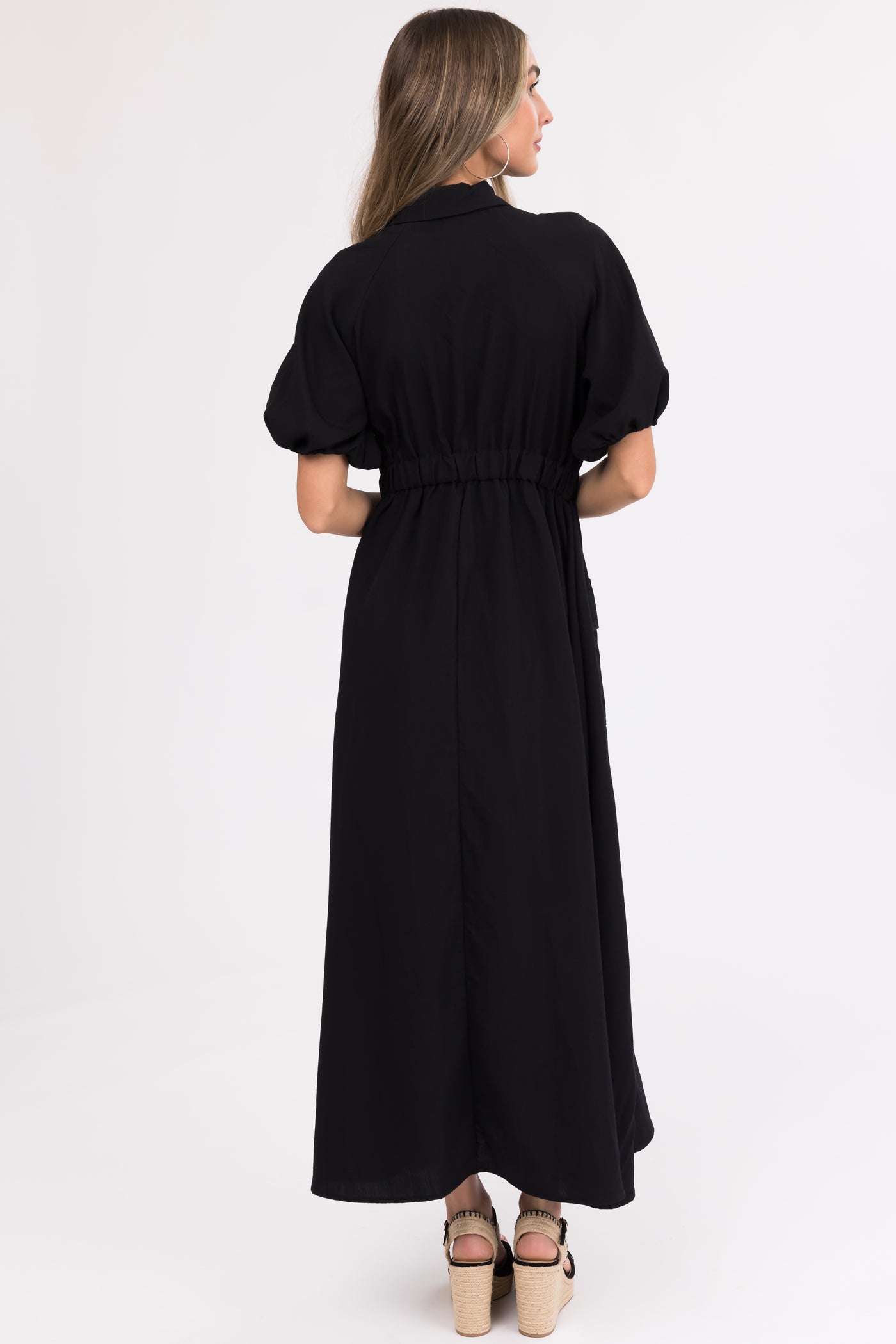 Black Zipper Front Maxi Shirt Dress