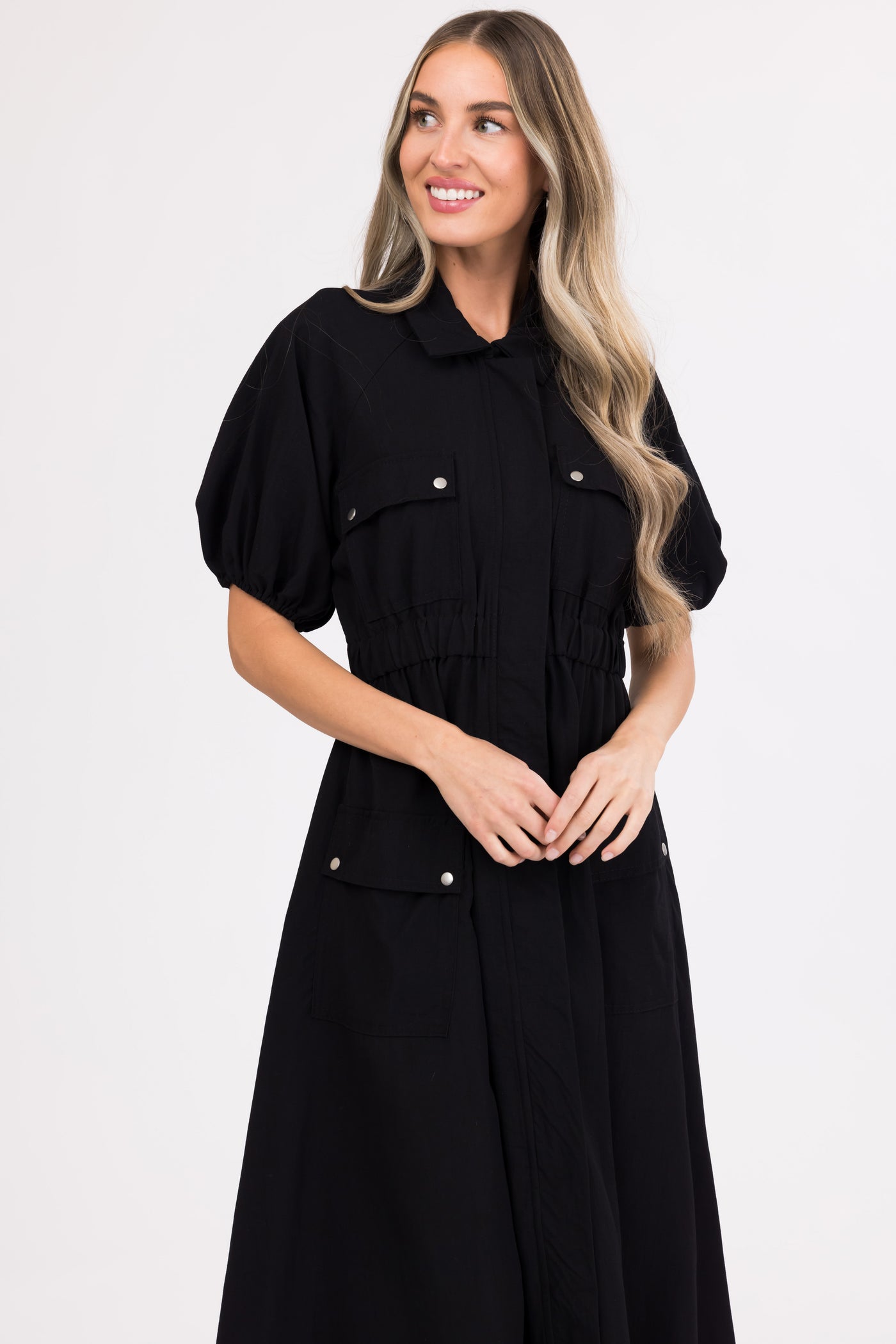 Black Zipper Front Maxi Shirt Dress