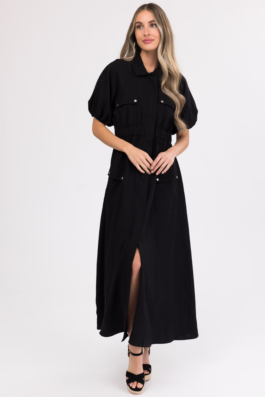 Black Zipper Front Maxi Shirt Dress