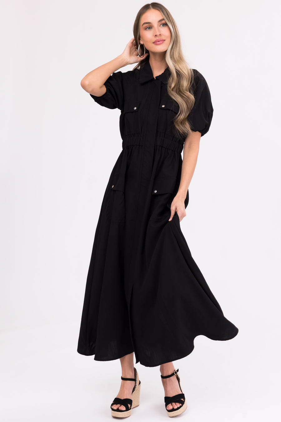 Black Zipper Front Maxi Shirt Dress