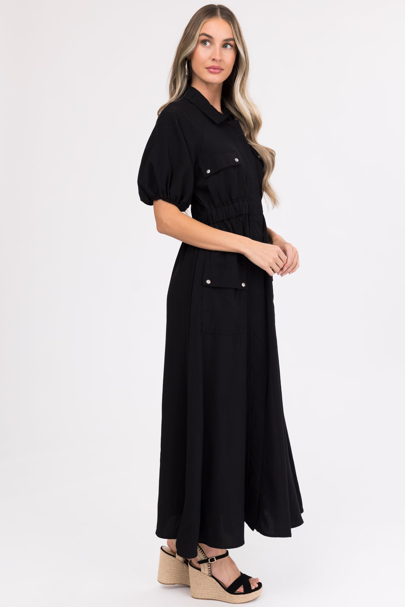 Black Zipper Front Maxi Shirt Dress