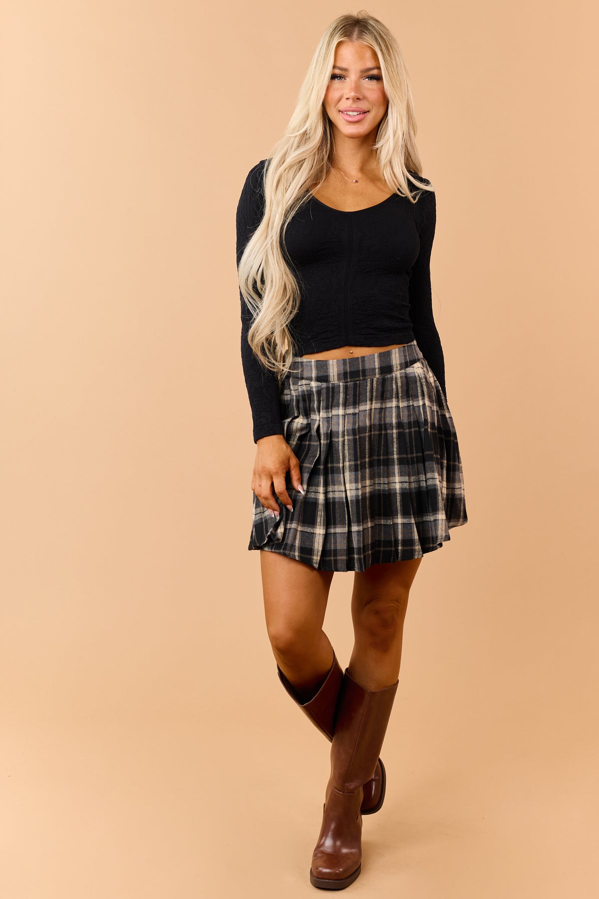 Black and Almond Plaid Pleated A-line Mini Skirt