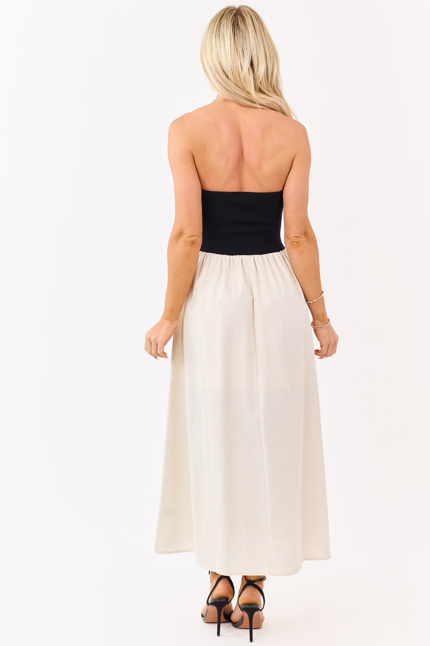 strapless full skirt midi dress Black and Almond Colorblock Strapless Midi Dress