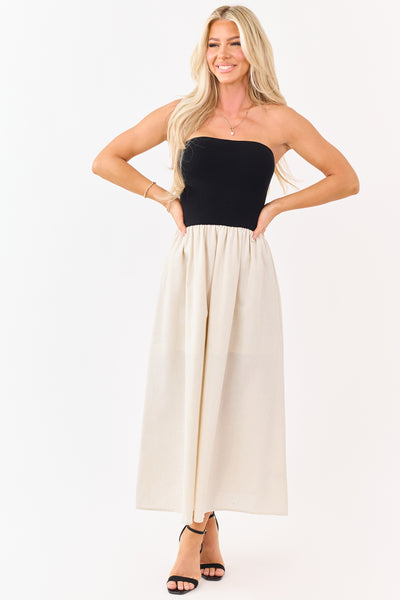 Black and Almond Colorblock Strapless Midi Dress