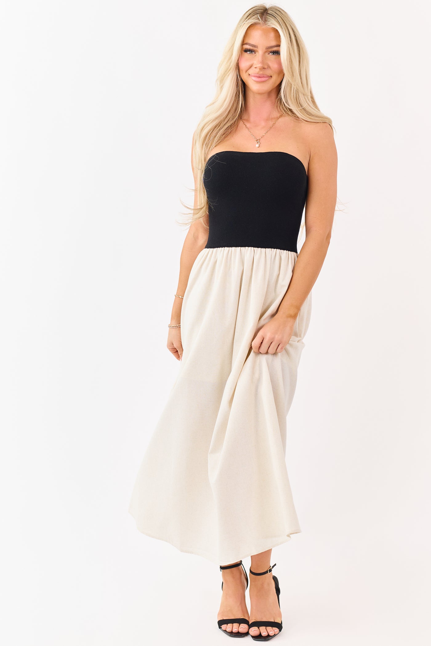 Black and Almond Colorblock Strapless Midi Dress