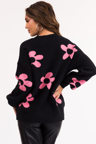 Black and Baby Pink Floral Print Knit Sweater