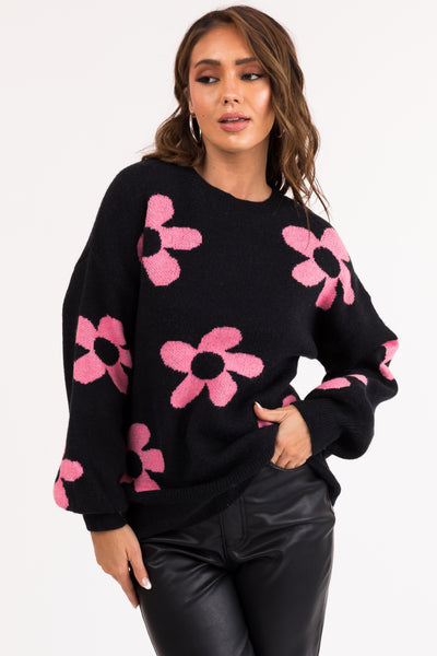 Black and Baby Pink Floral Print Knit Sweater
