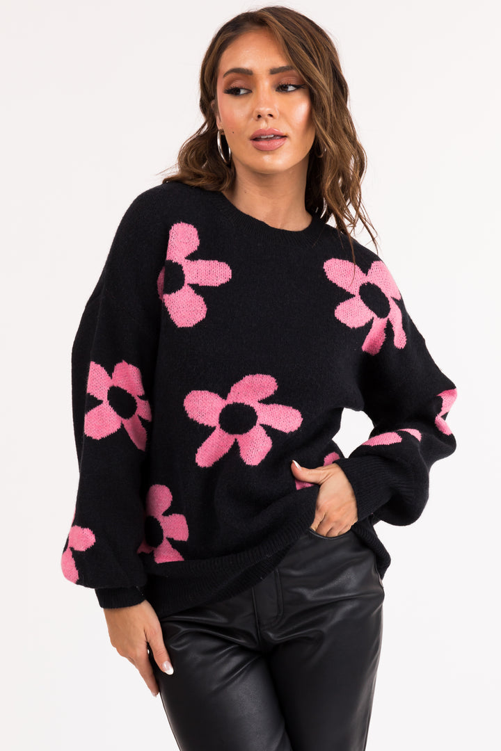 Black and Baby Pink Floral Print Knit Sweater