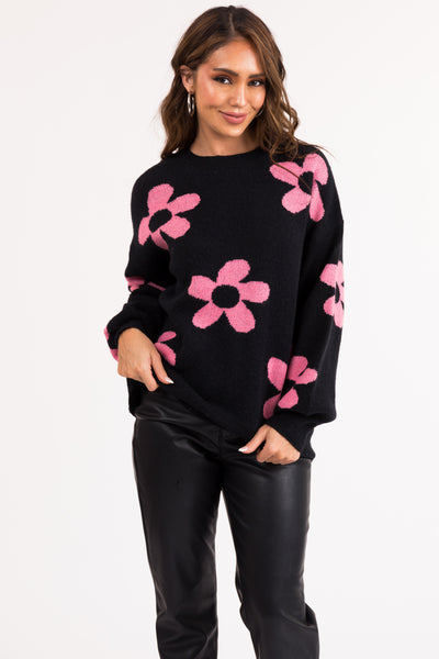 Black and Baby Pink Floral Print Knit Sweater