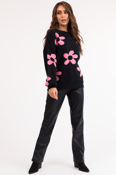 Black and Baby Pink Floral Print Knit Sweater