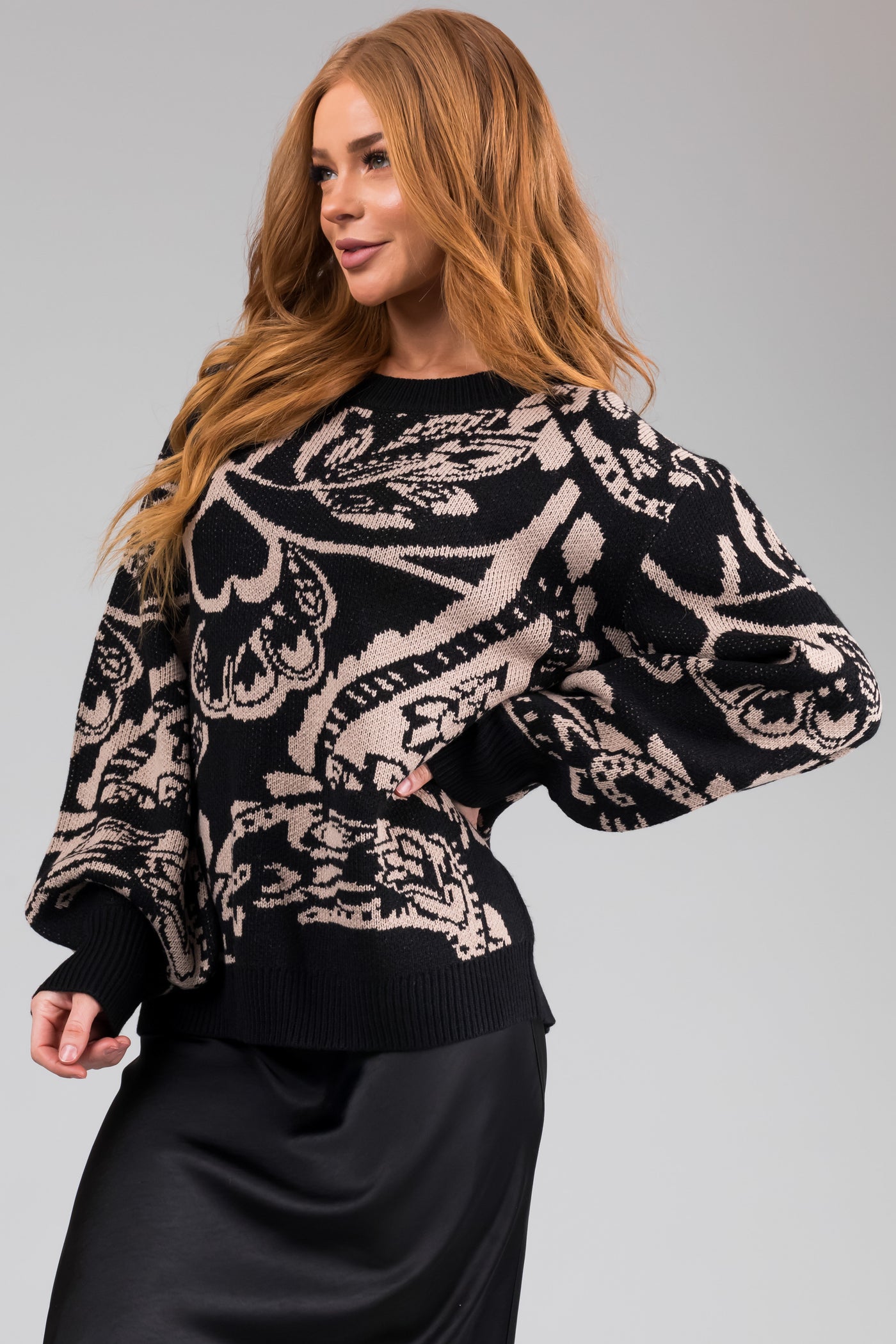 Black and Beige Abstract Print Knit Sweater