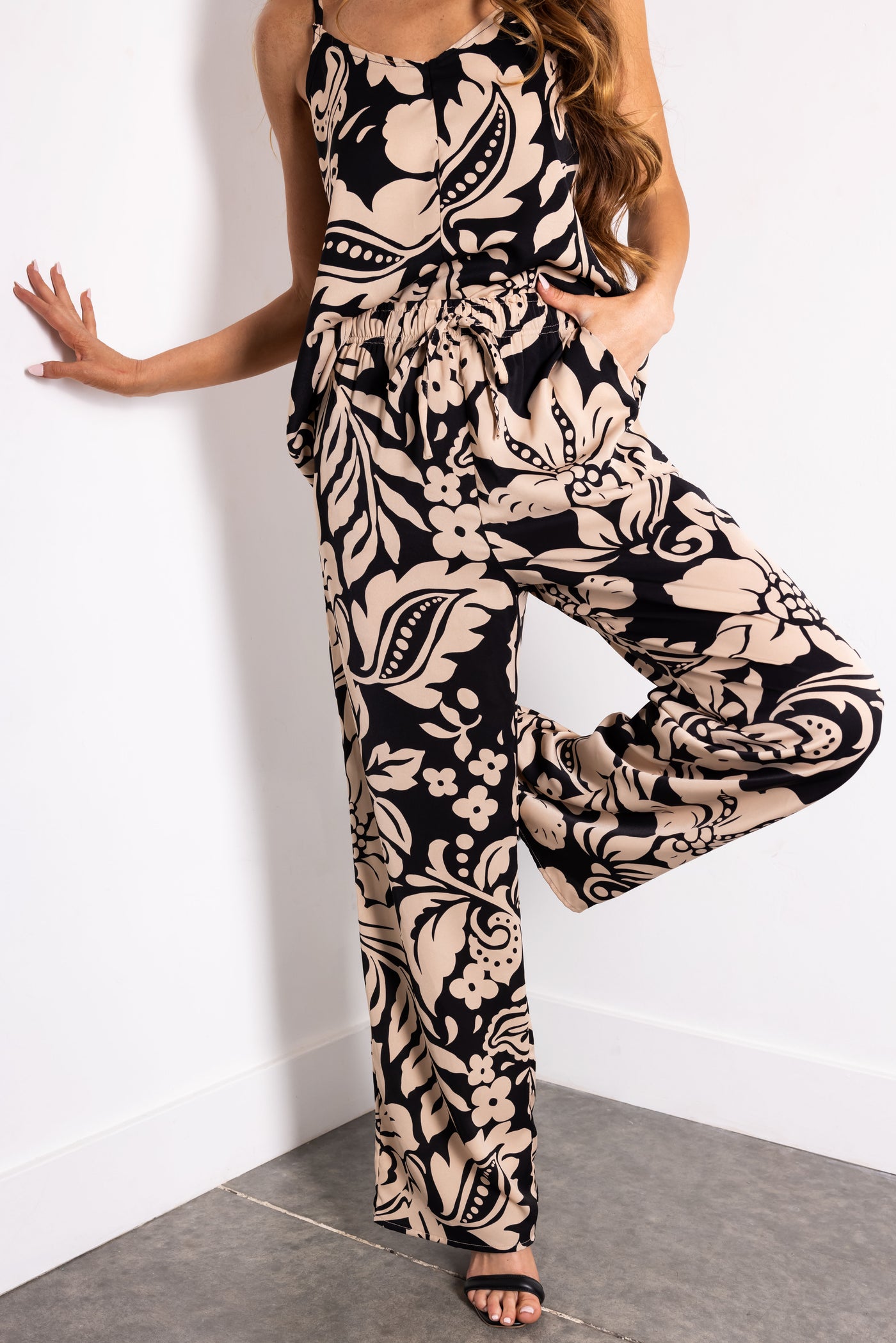 Black and Beige Floral Print Wide Leg Pants