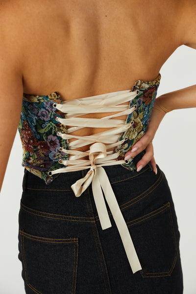 Black and Buttercup Floral Lace Up Corset Top