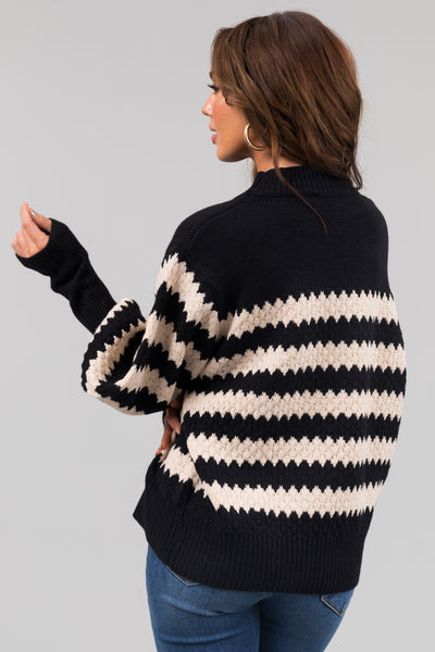 Black and Champagne Scallop Striped Sweater