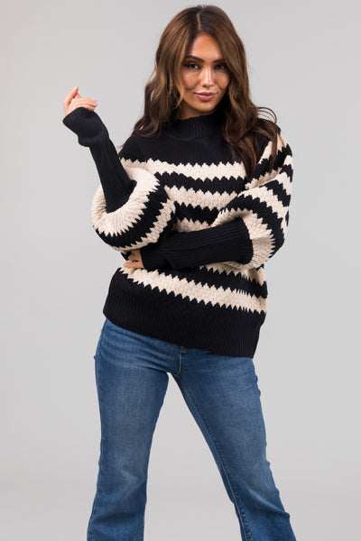 Black and Champagne Scallop Striped Sweater