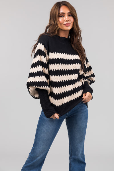 Black and Champagne Scallop Striped Sweater