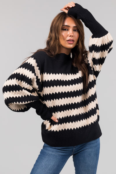 Black and Champagne Scallop Striped Sweater