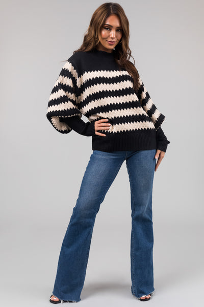 Black and Champagne Scallop Striped Sweater
