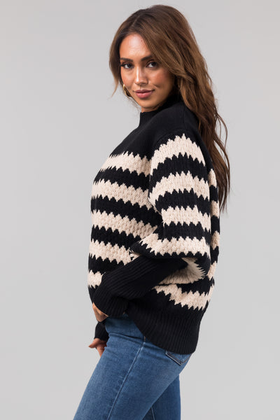 Black and Champagne Scallop Striped Sweater