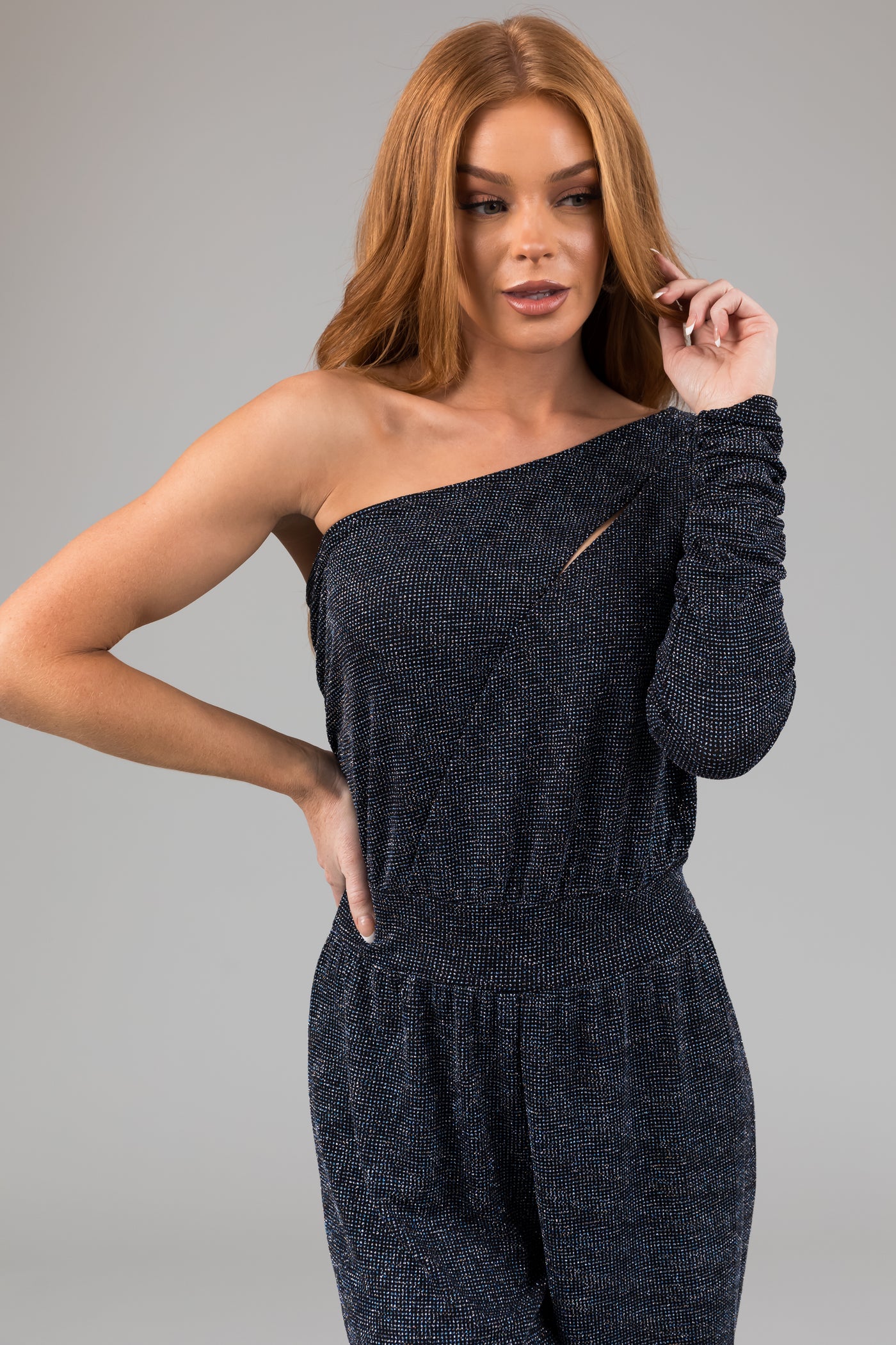 Black and Cobalt One Shoulder Sparkle Jumpsuit