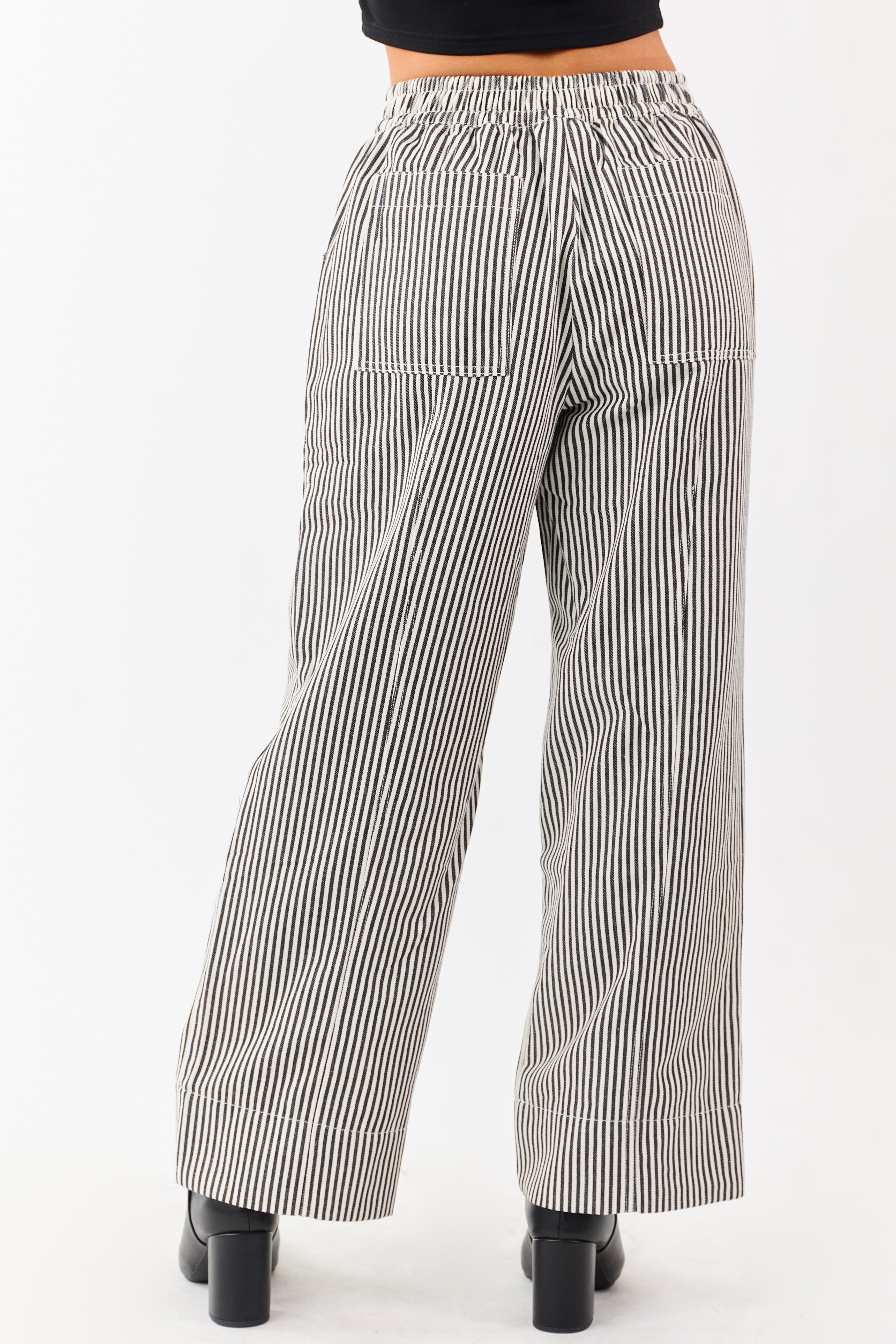 Black and Coconut Striped Drawstring Wide Leg Pants
