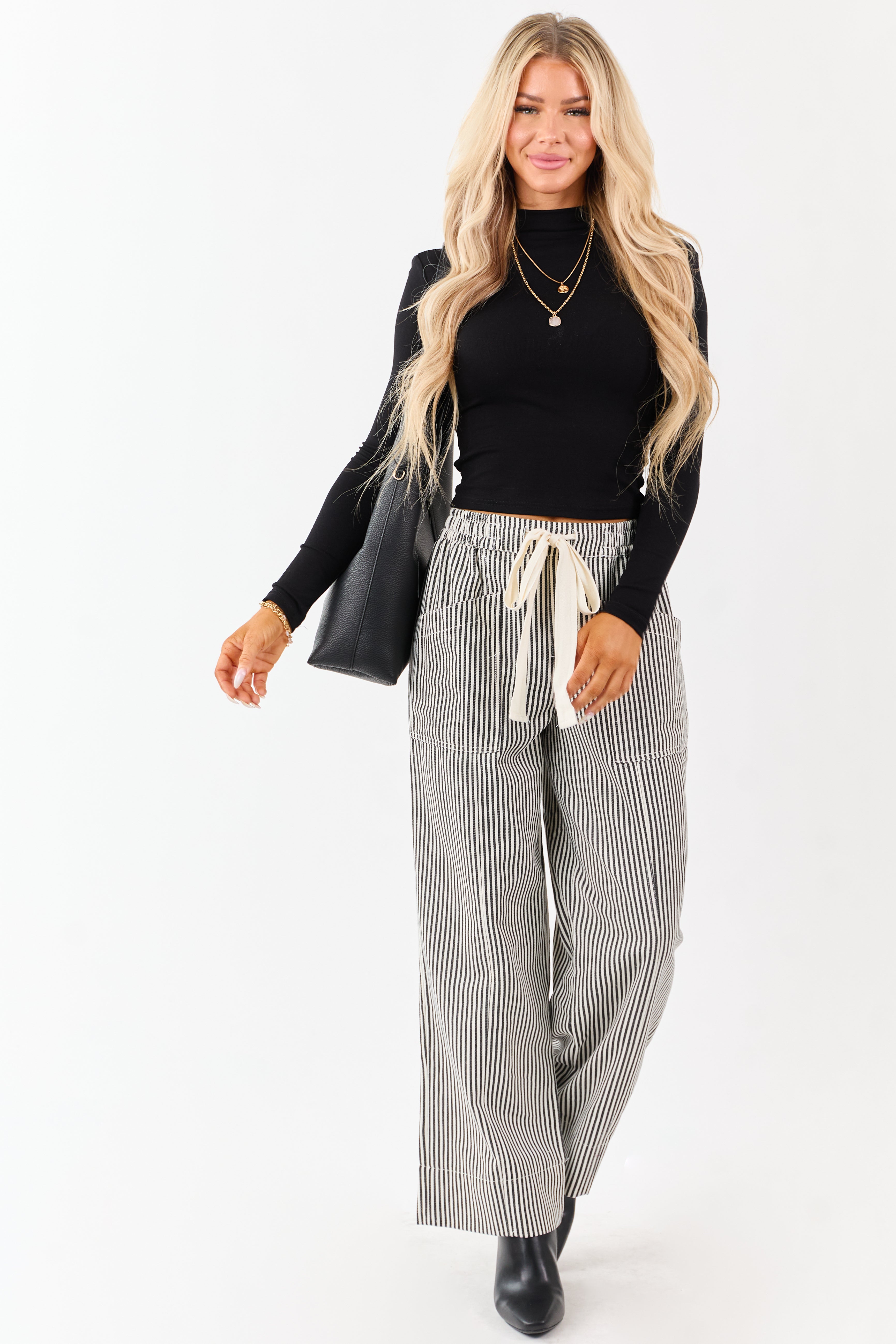 Black and Coconut Striped Drawstring Wide Leg Pants