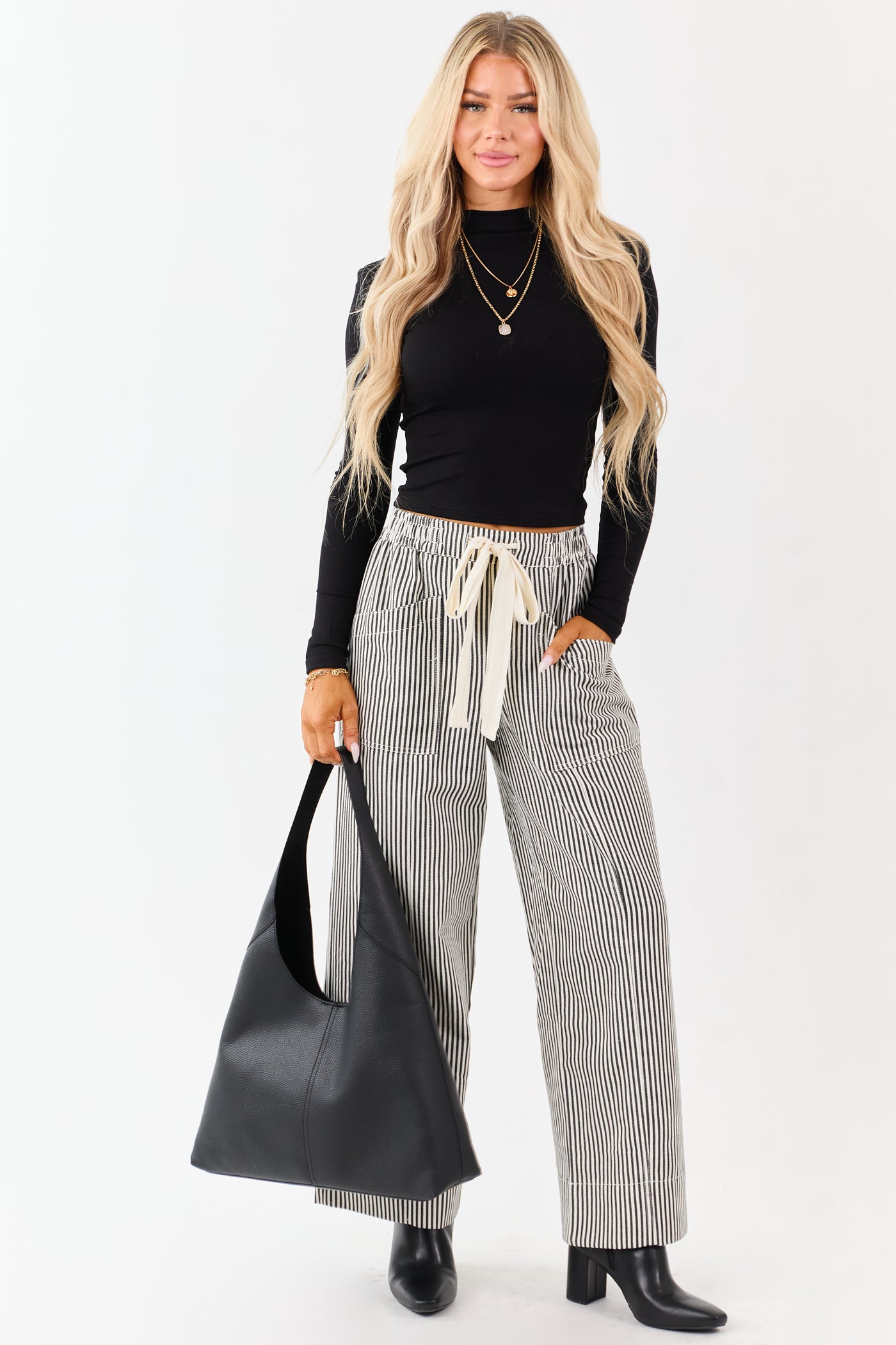 Black and Coconut Striped Drawstring Wide Leg Pants