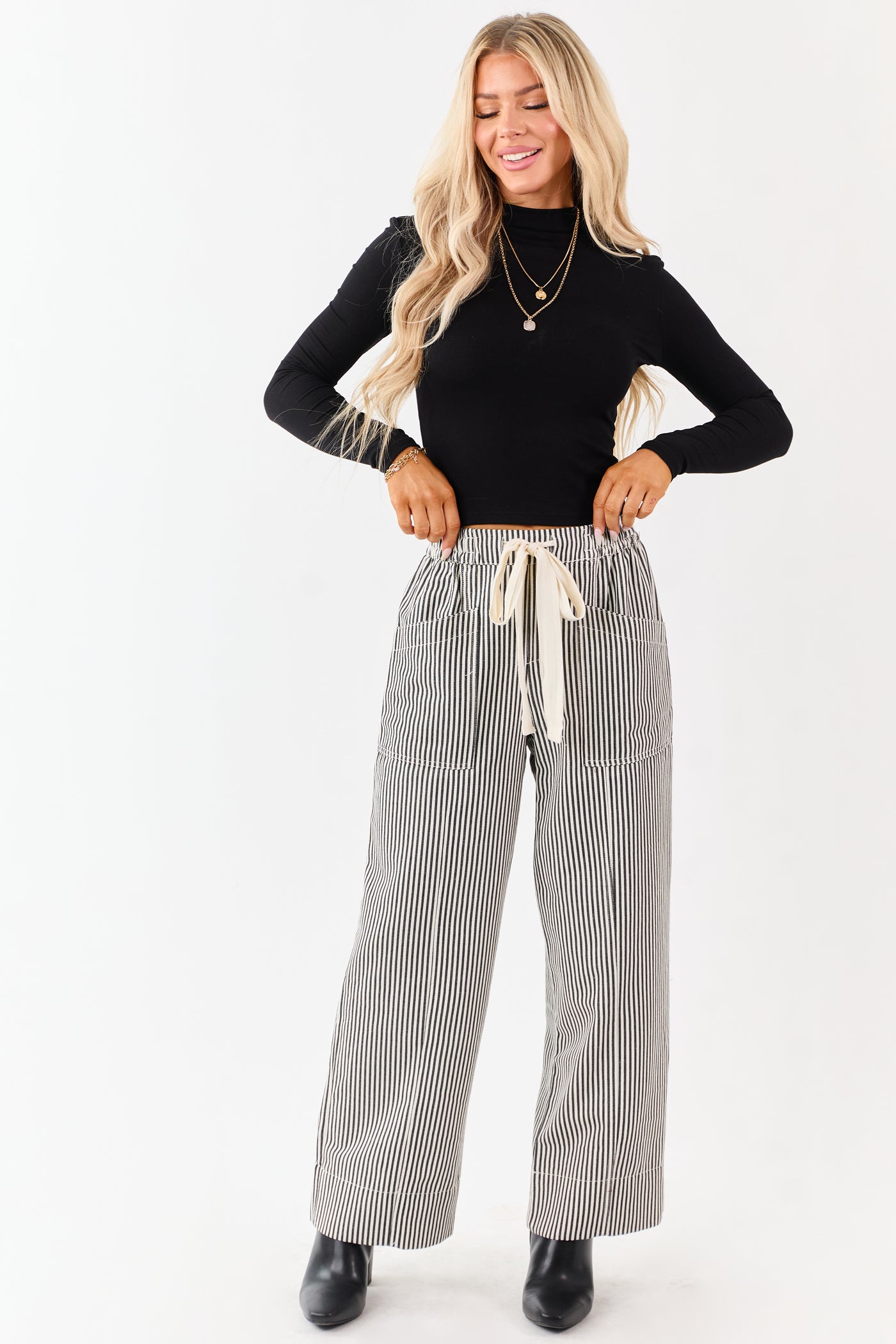 Black and Coconut Striped Drawstring Wide Leg Pants