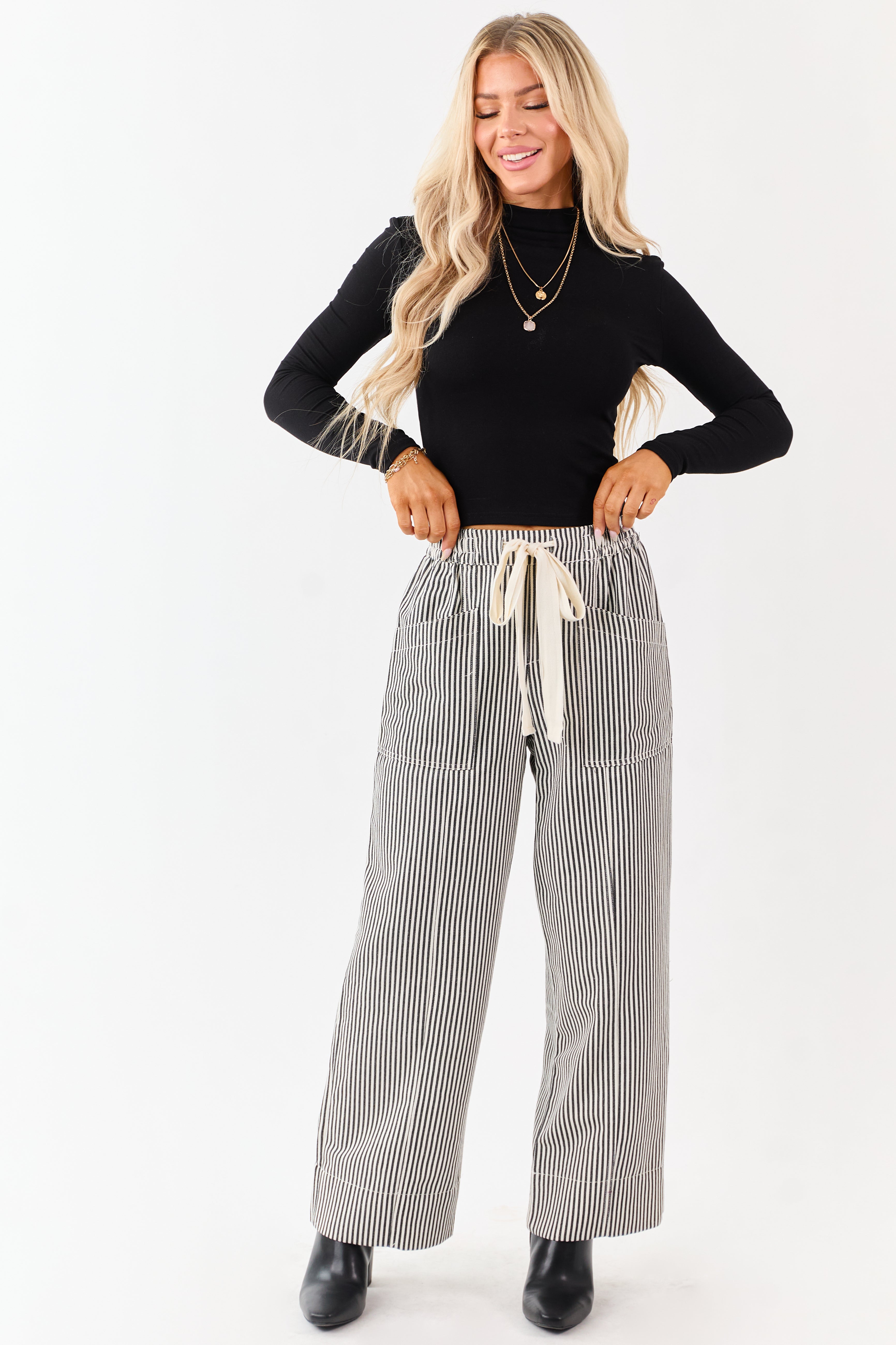Black and Coconut Striped Drawstring Wide Leg Pants