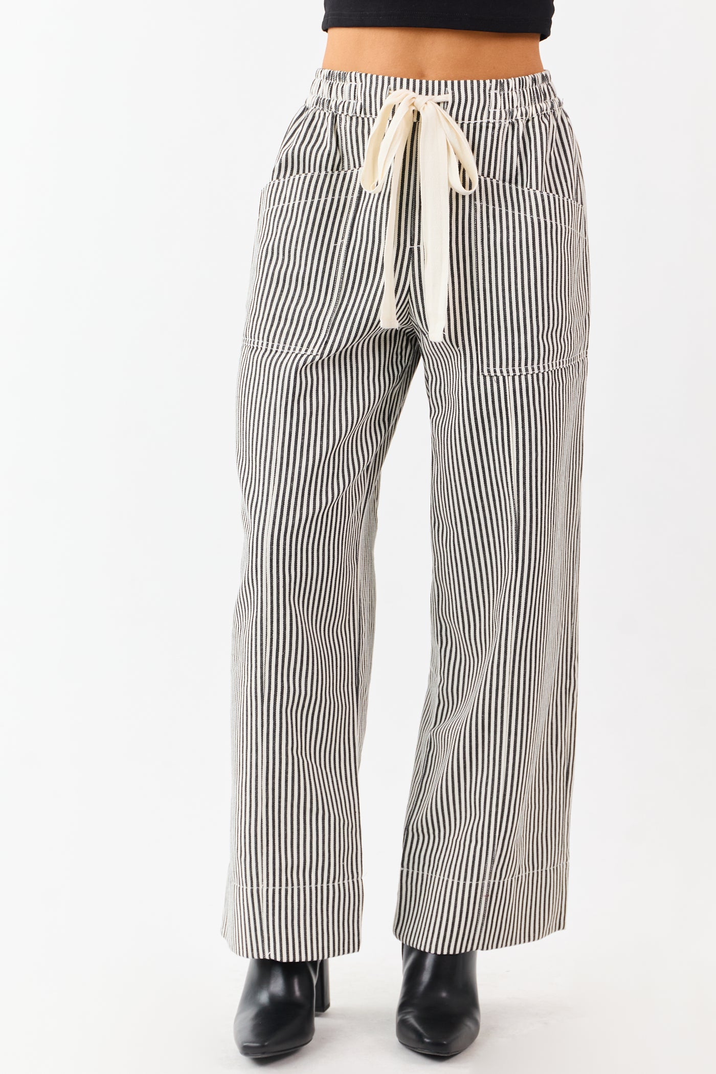 Black and Coconut Striped Drawstring Wide Leg Pants
