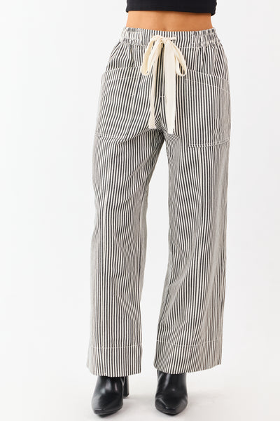 Black and Coconut Striped Drawstring Wide Leg Pants
