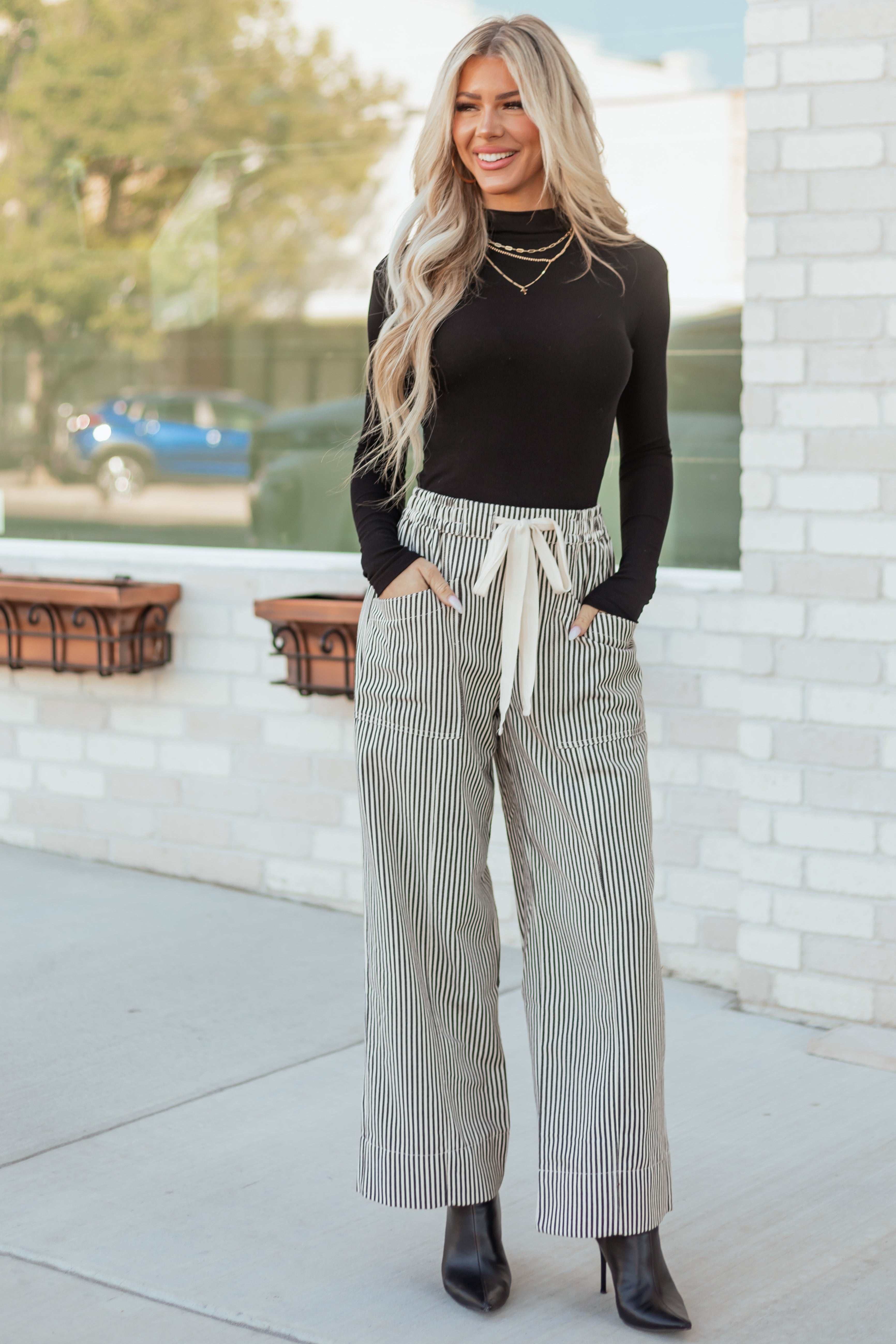 Black and Coconut Striped Drawstring Wide Leg Pants