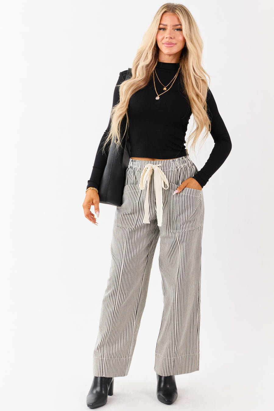 Black and Coconut Striped Drawstring Wide Leg Pants