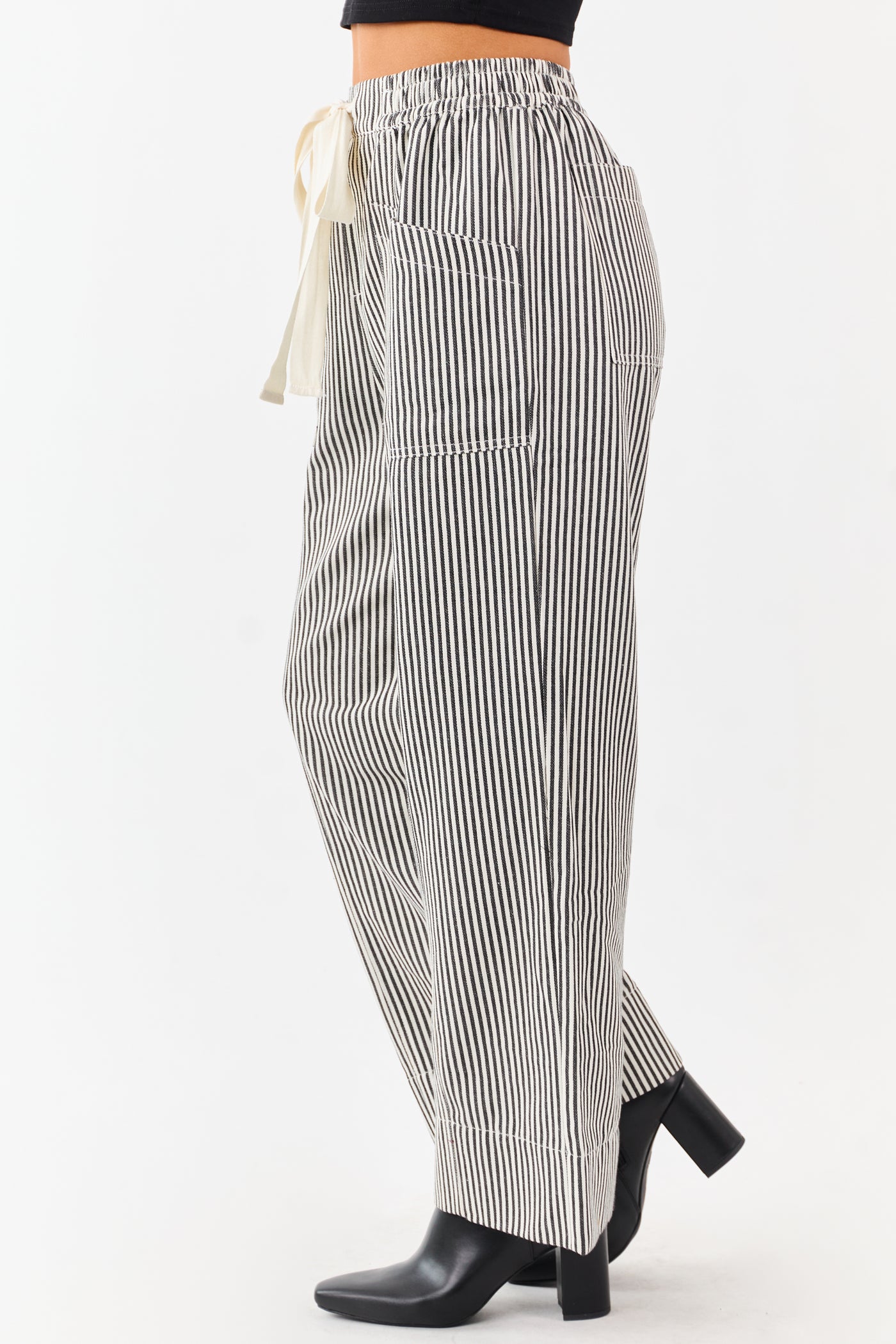 Black and Coconut Striped Drawstring Wide Leg Pants