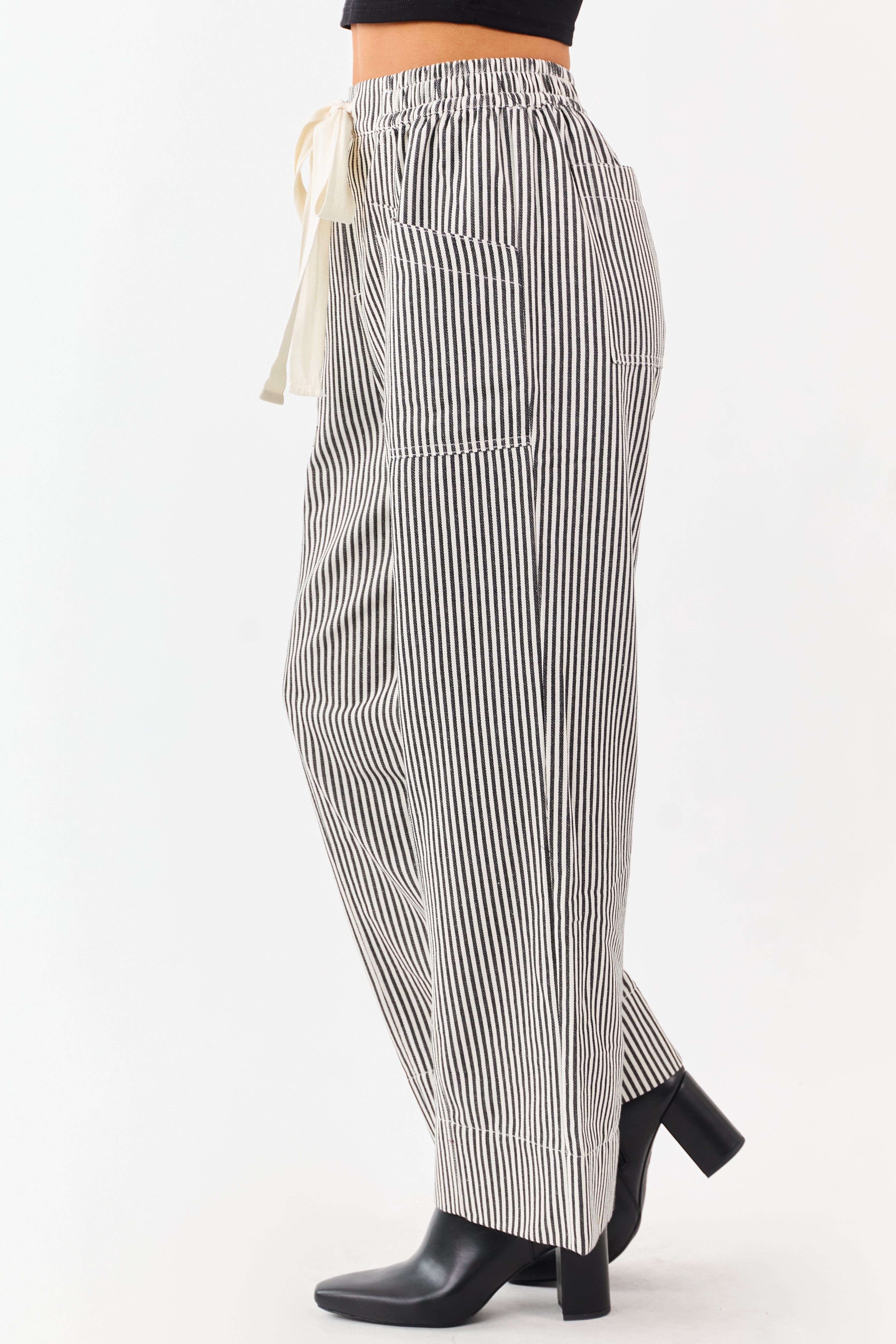 Black and Coconut Striped Drawstring Wide Leg Pants
