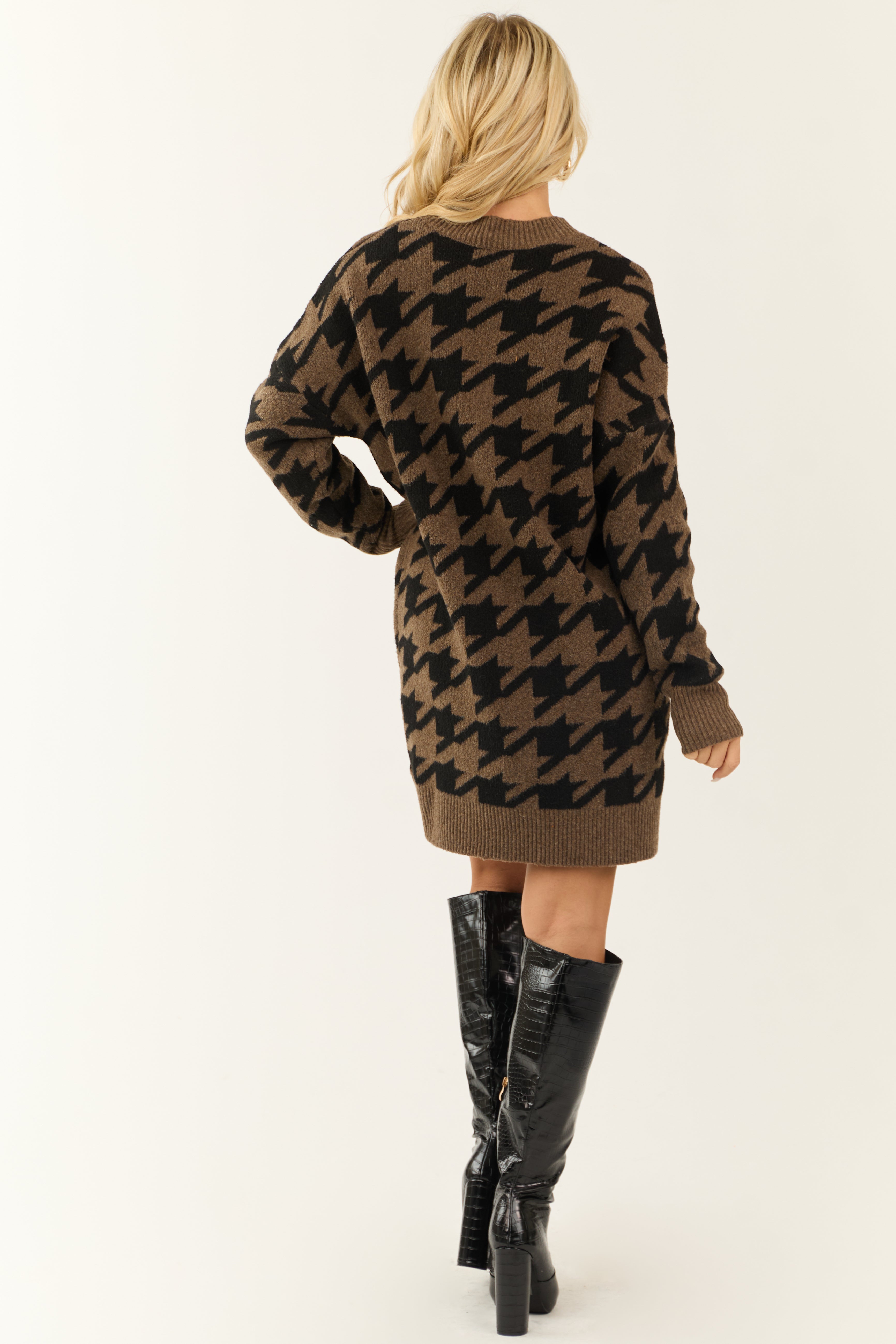 Black and Coffee Houndstooth Short Sweater Dress