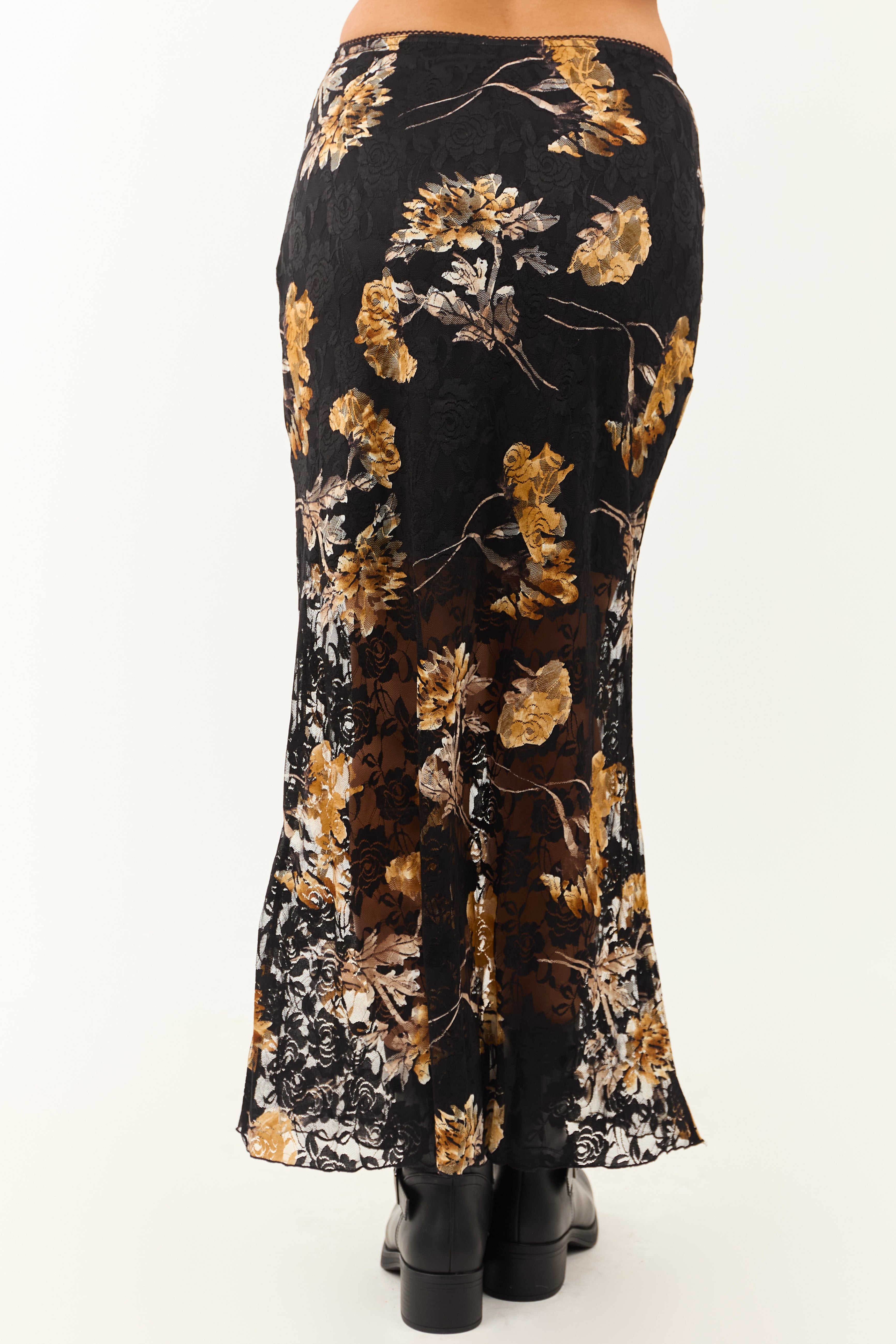 Black and Copper Floral Lace Maxi Skirt