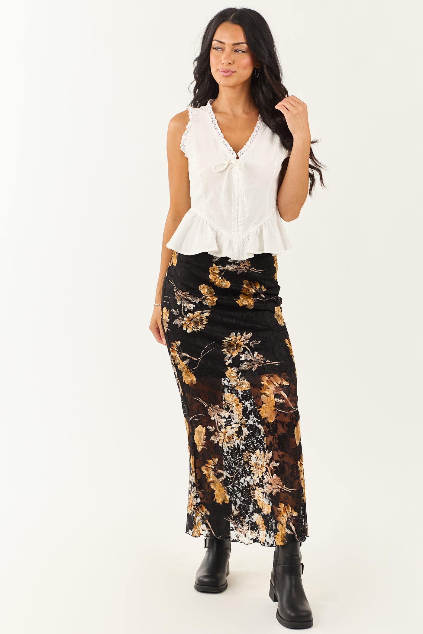 Black and Copper Floral Lace Maxi Skirt