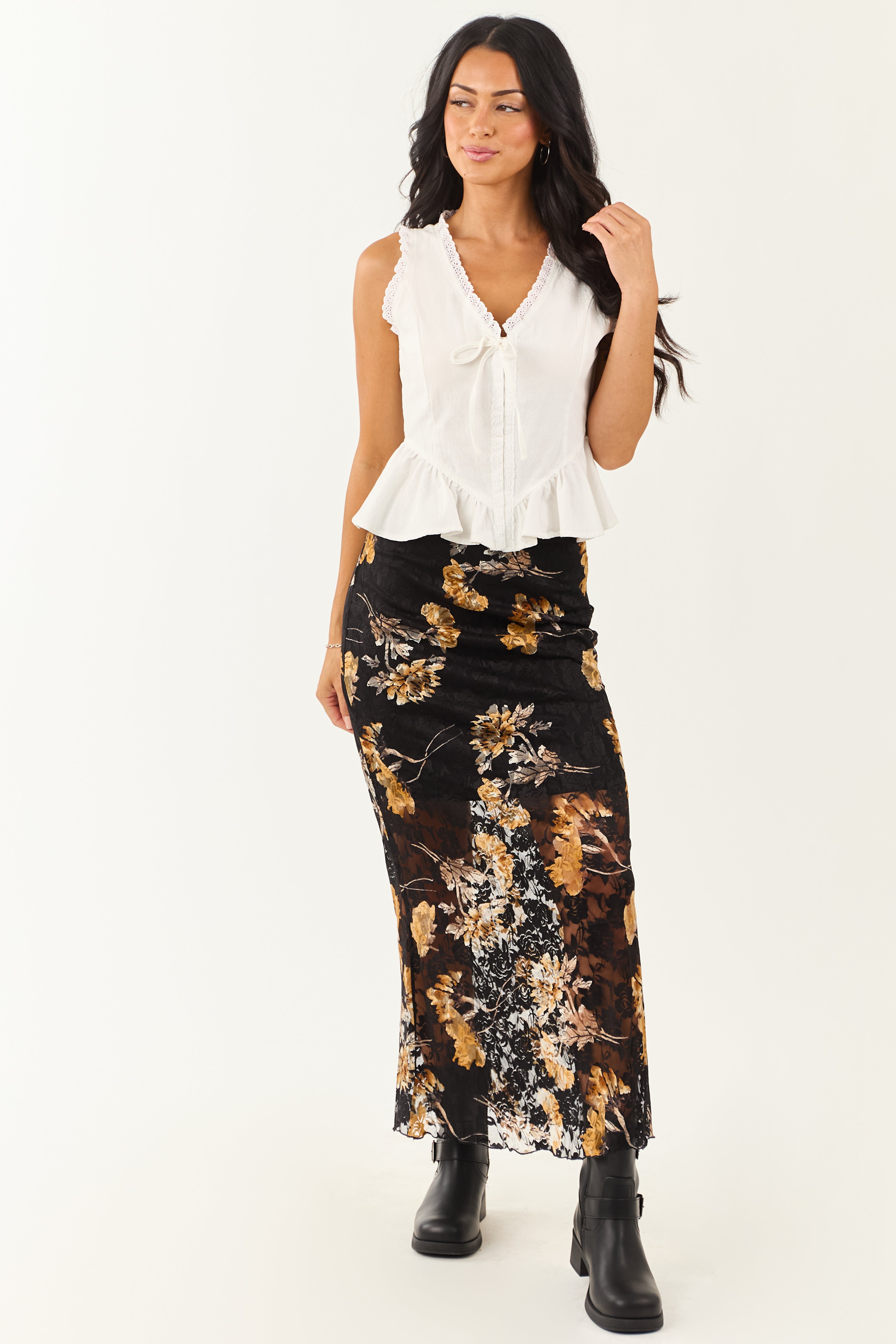 Black and Copper Floral Lace Maxi Skirt