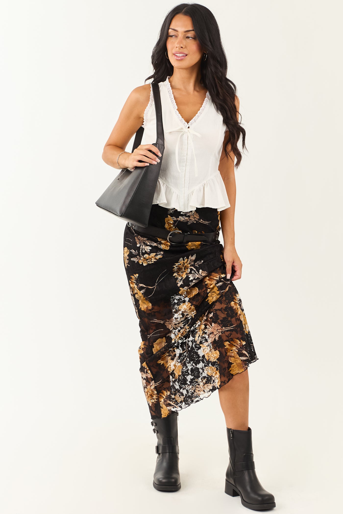 Black and Copper Floral Lace Maxi Skirt