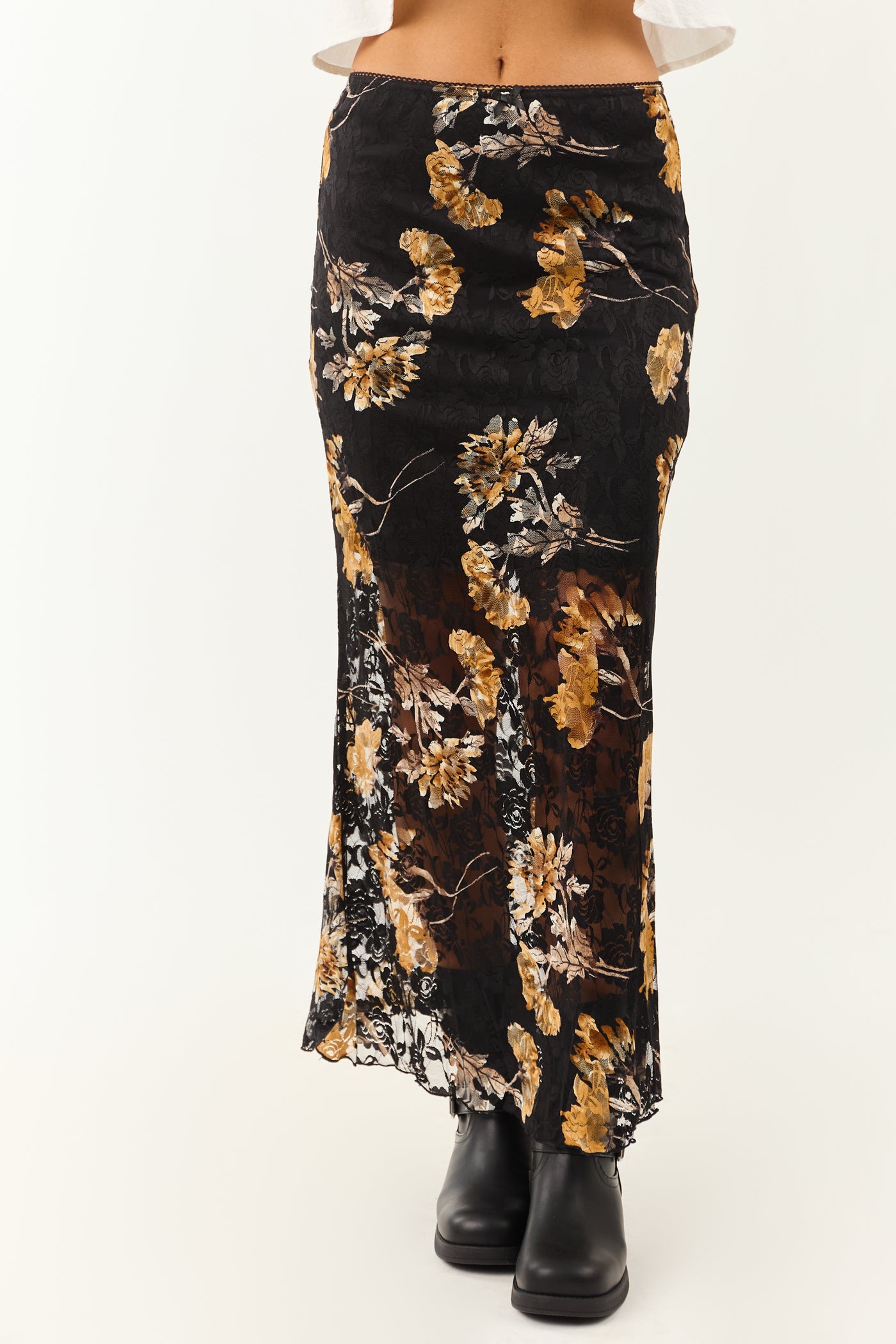 Black and Copper Floral Lace Maxi Skirt