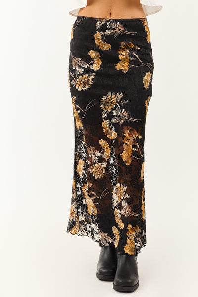 Black and Copper Floral Lace Maxi Skirt