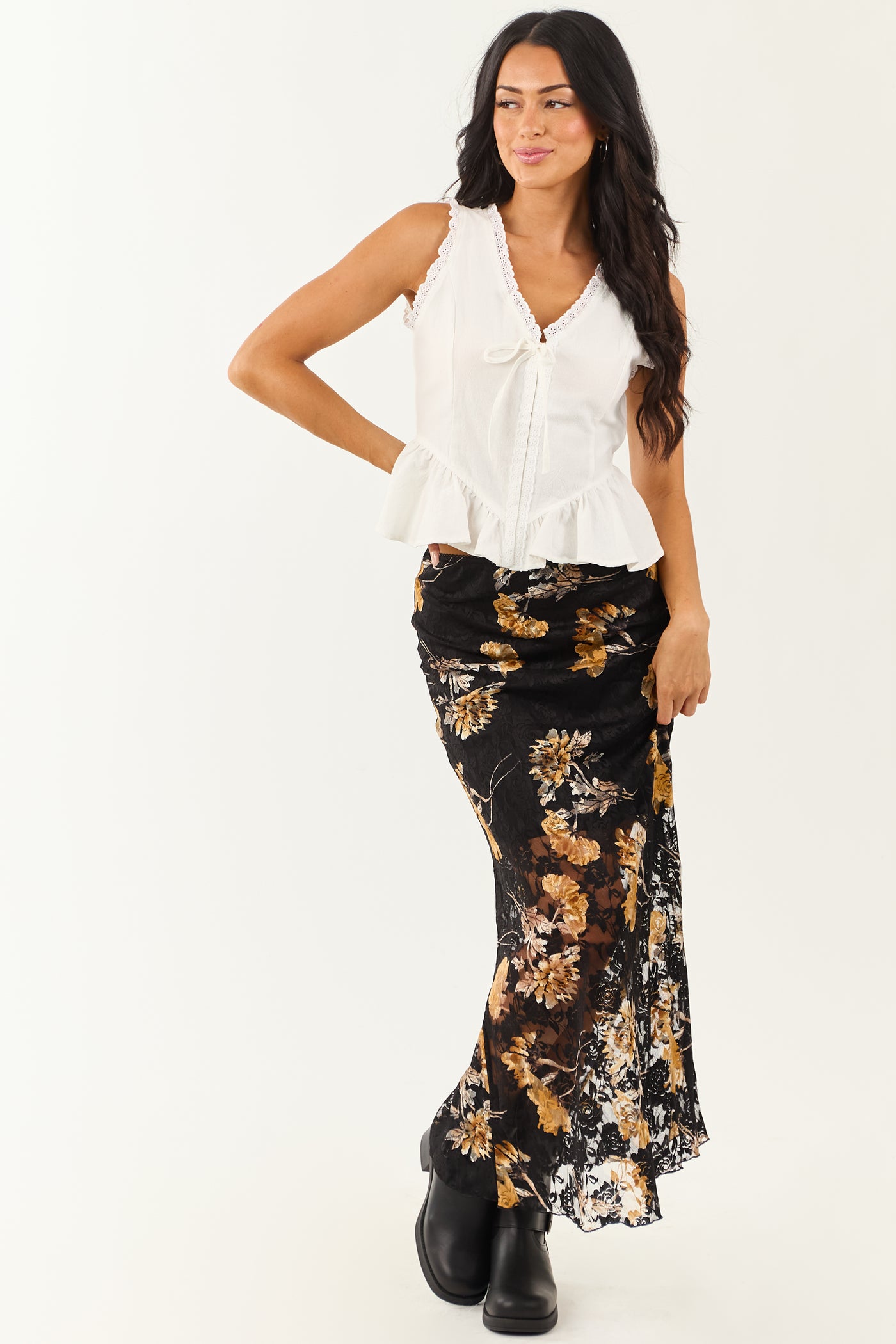 Black and Copper Floral Lace Maxi Skirt